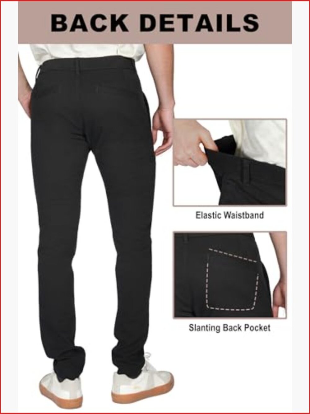 Skinny Fit Chino Pants, Slim Tapered Khaki Pants with Pockets - Picture 5 of 7